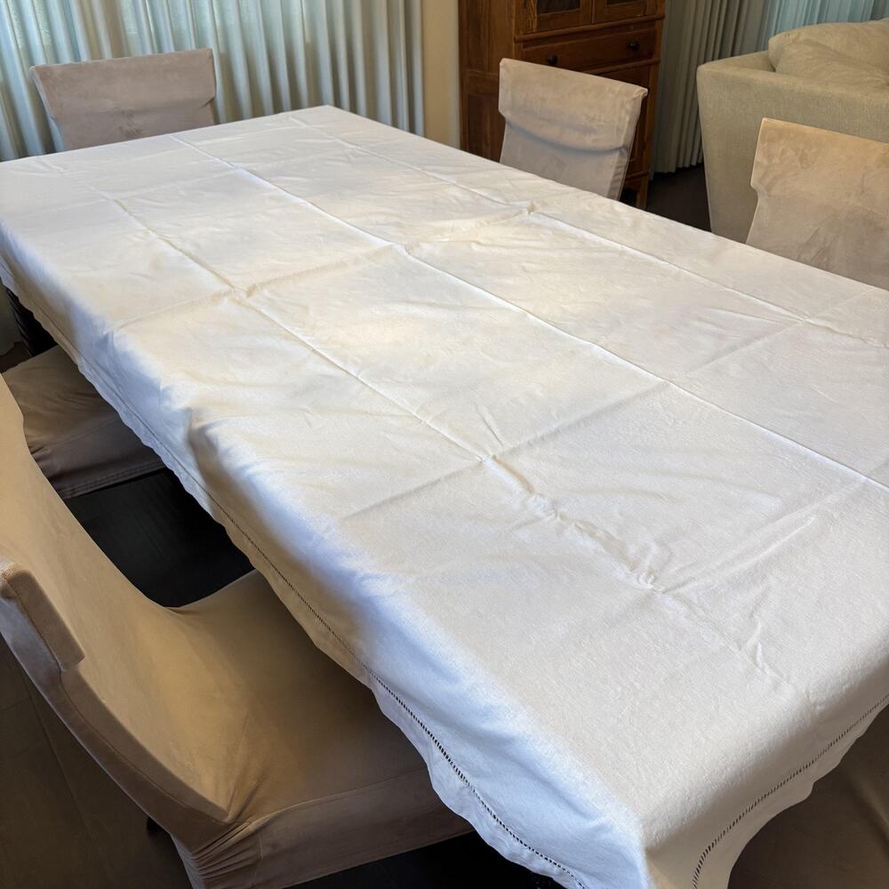 Linen Blend Hemstitch Tablecloth Rectangular 100x116 White Large Long - Picture 2 of 5